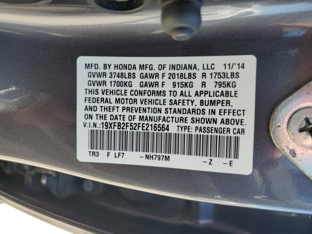 19XFB2F52FE216564 2015 Honda Civic Lx 19XFB2F52FE216564 2015 Honda Civic Lx
