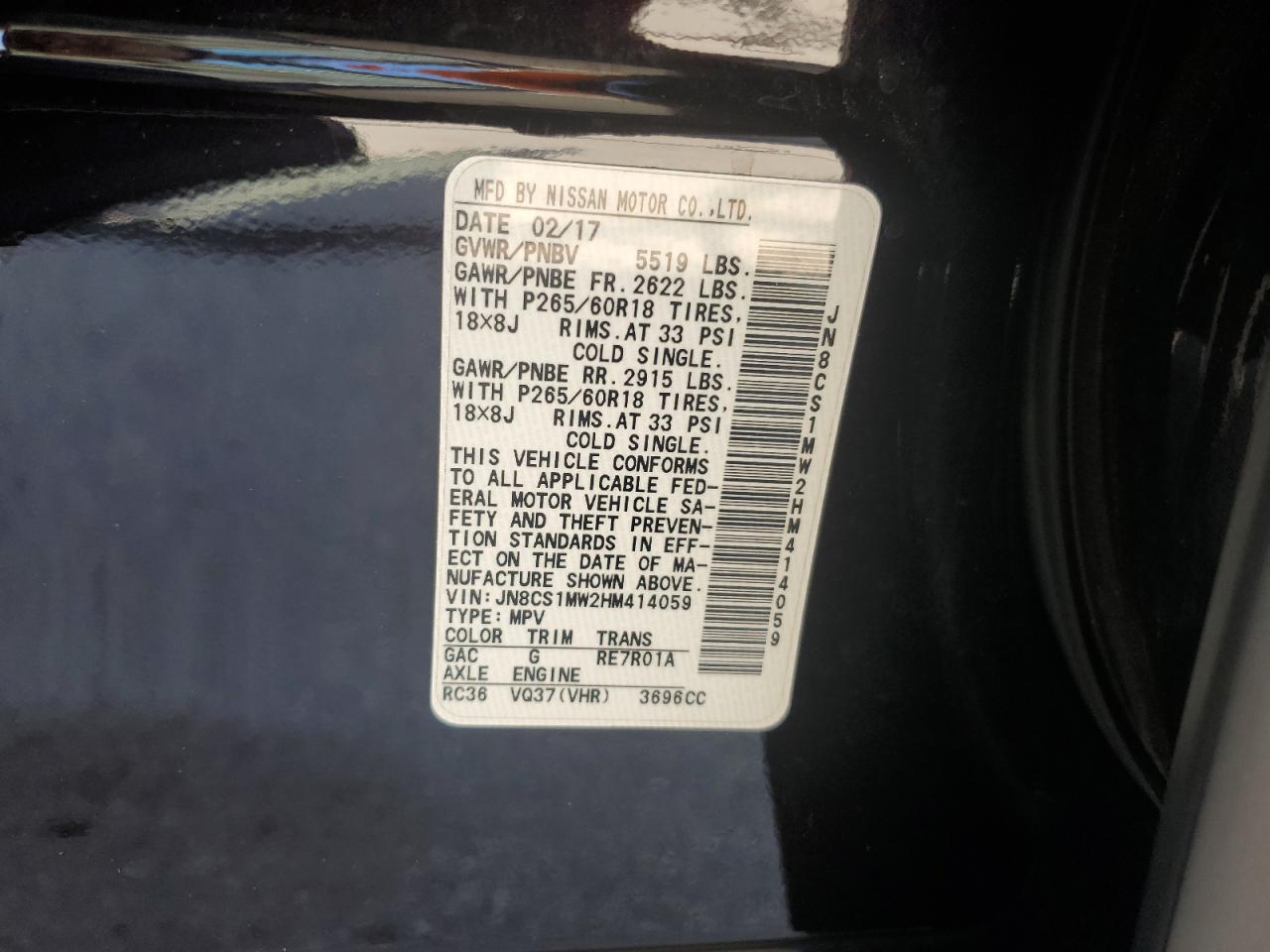 JN8CS1MW2HM414059 2017 Infiniti Qx70