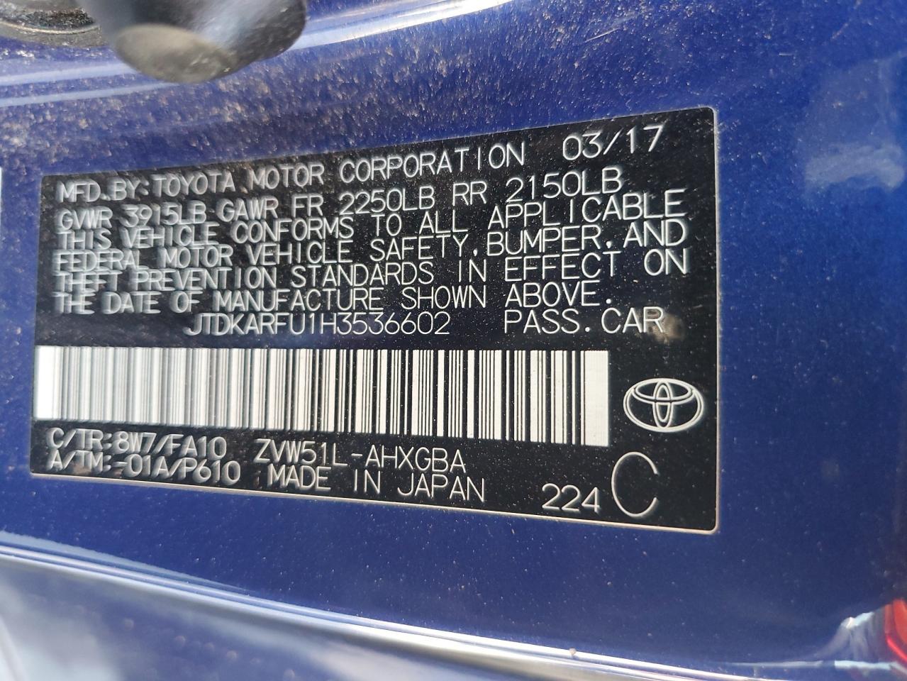 JTDKARFU1H3536602 2017 Toyota Prius