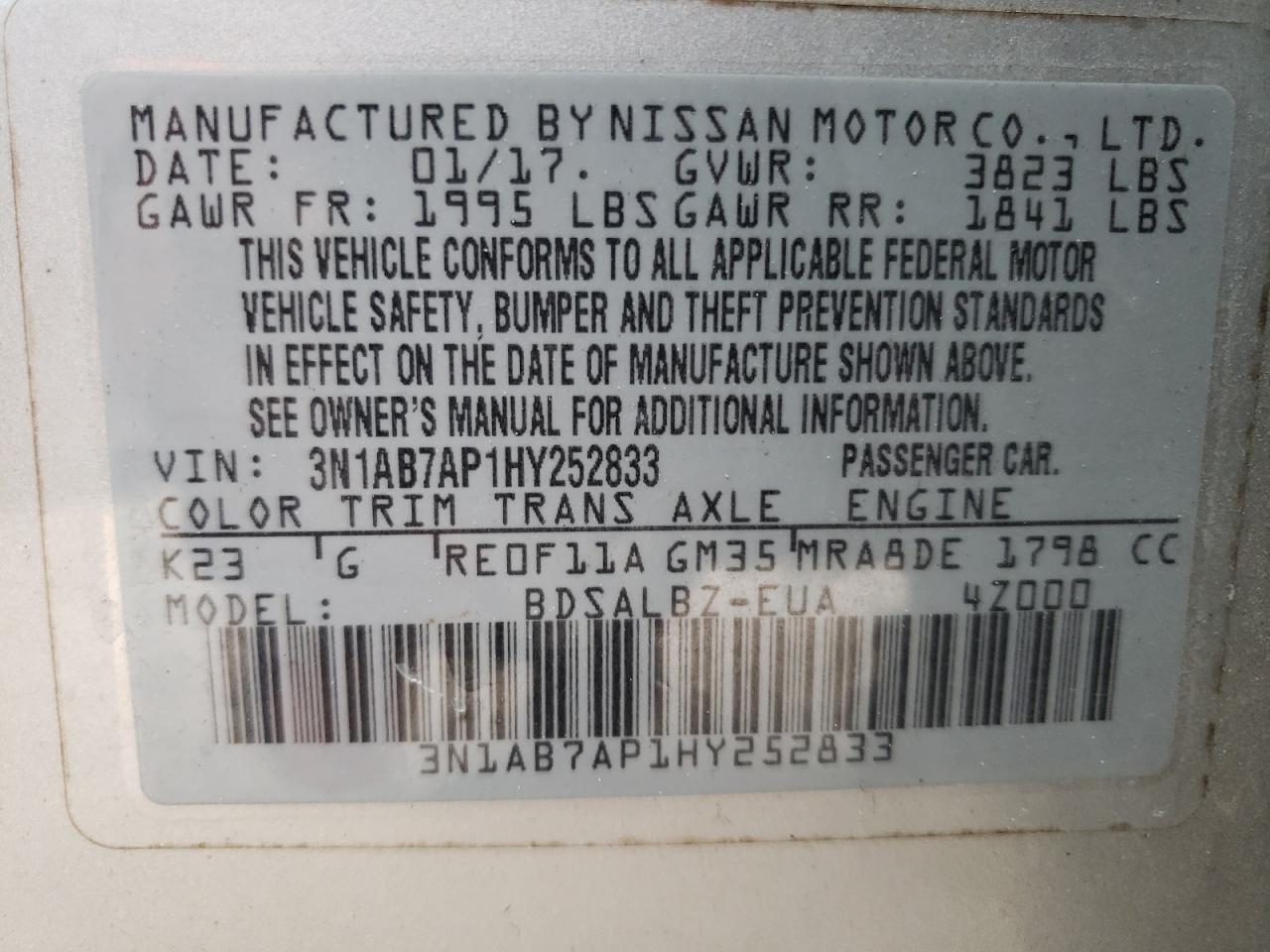 3N1AB7AP1HY252833 2017 Nissan Sentra S