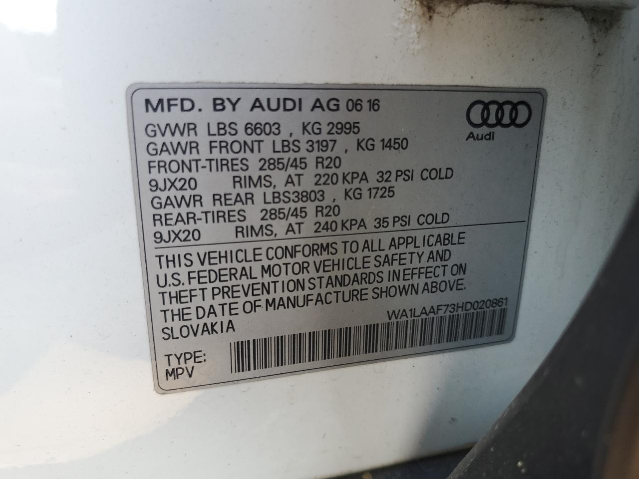 WA1LAAF73HD020861 2017 Audi Q7 Premium Plus