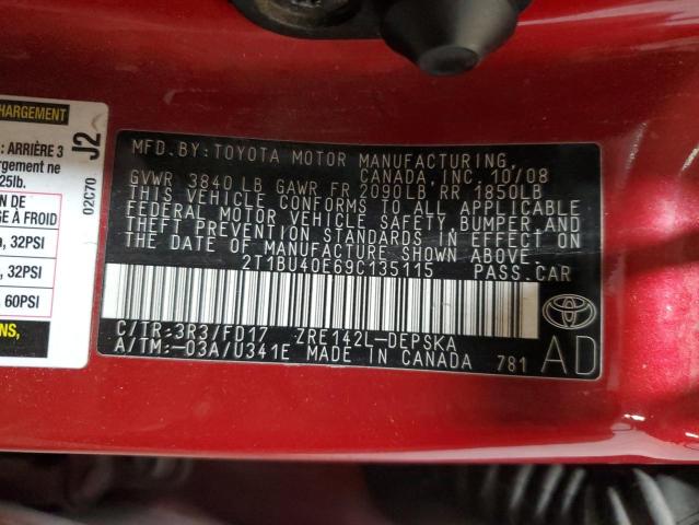 2009 Toyota Corolla Base VIN: 2T1BU40E69C135115 Lot: 62303184