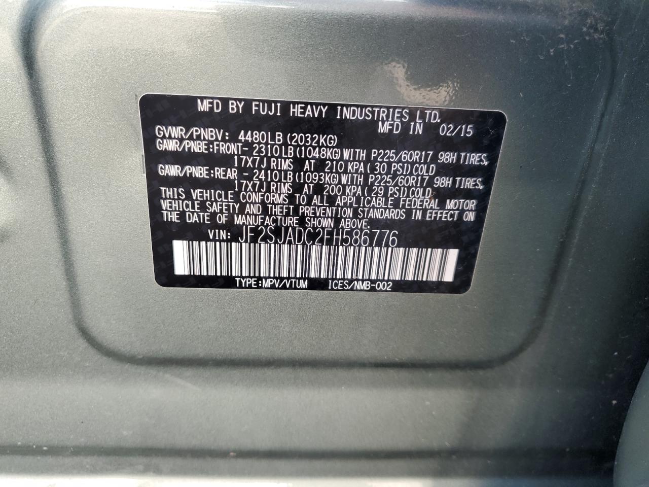 JF2SJADC2FH586776 2015 Subaru Forester 2.5I Premium