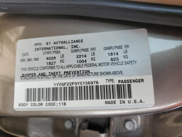 2000 Mazda 626 Es VIN: 1YVGF22F9Y5156976 Lot: 62856404