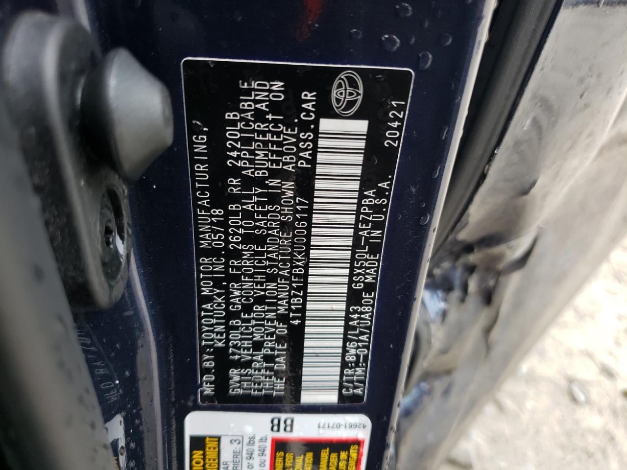 4T1BZ1FBXKU006117 2019 Toyota Avalon Xle