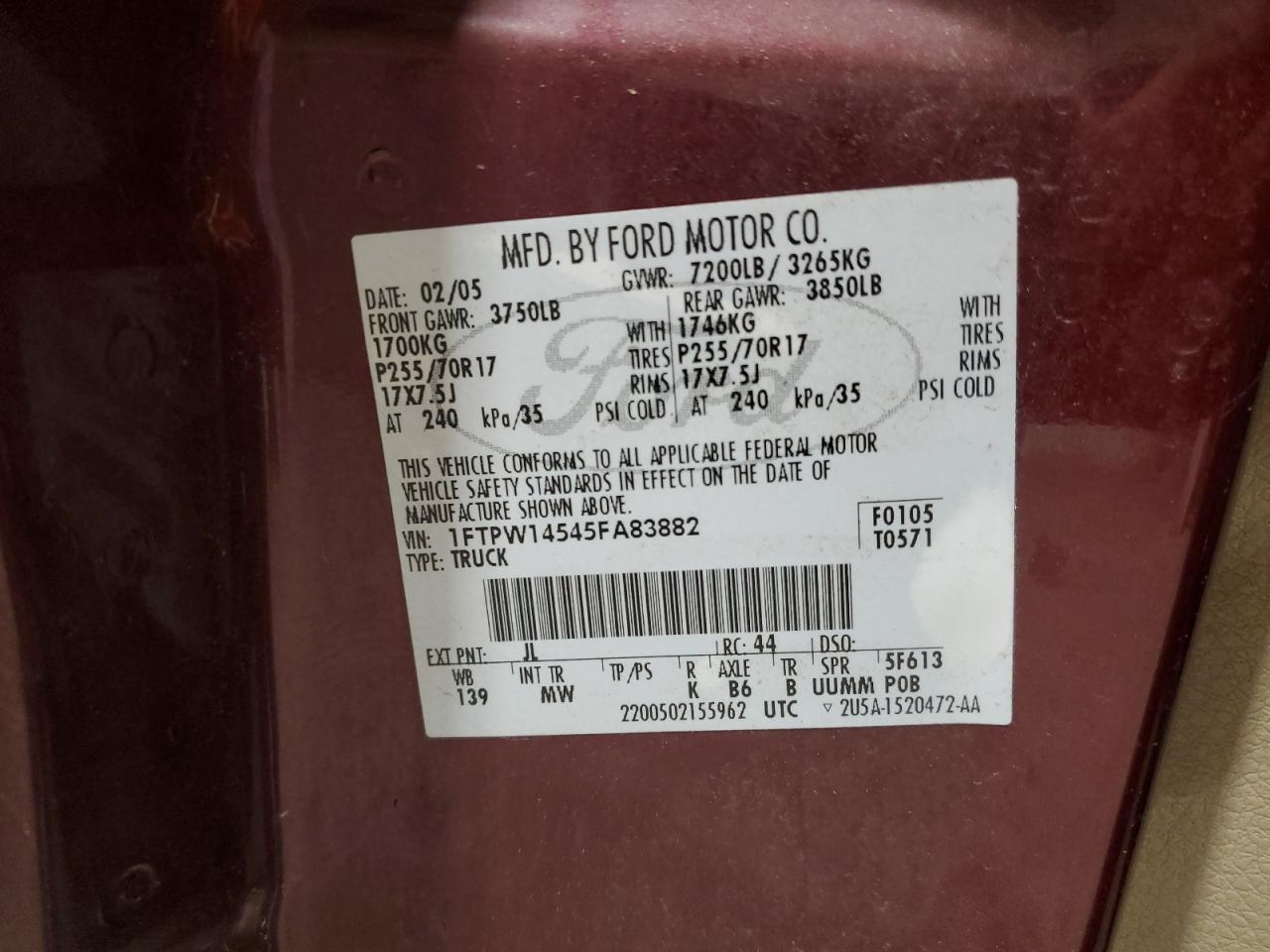 1FTPW14545FA83882 2005 Ford F150 Supercrew