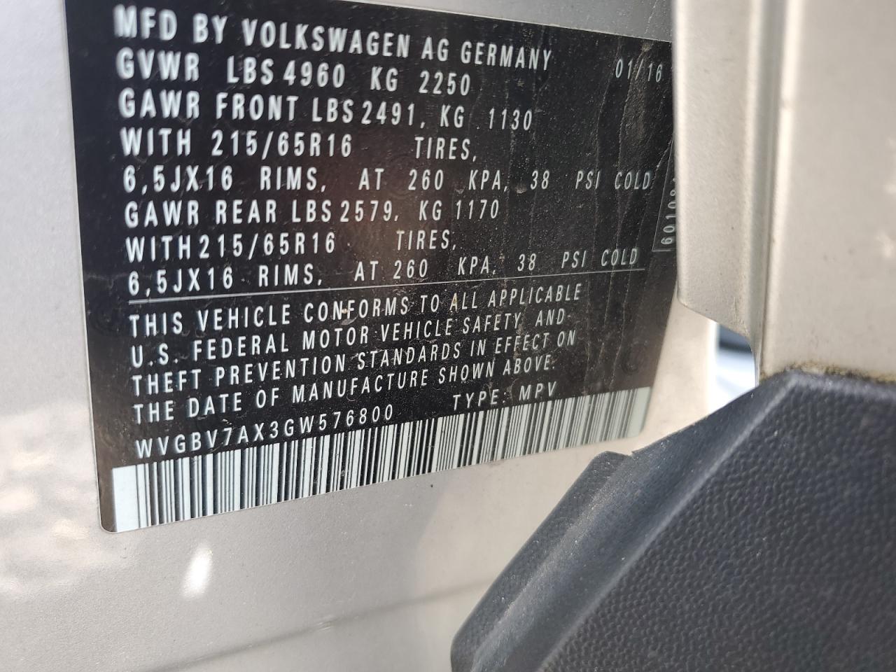 WVGBV7AX3GW576800 2016 Volkswagen Tiguan S