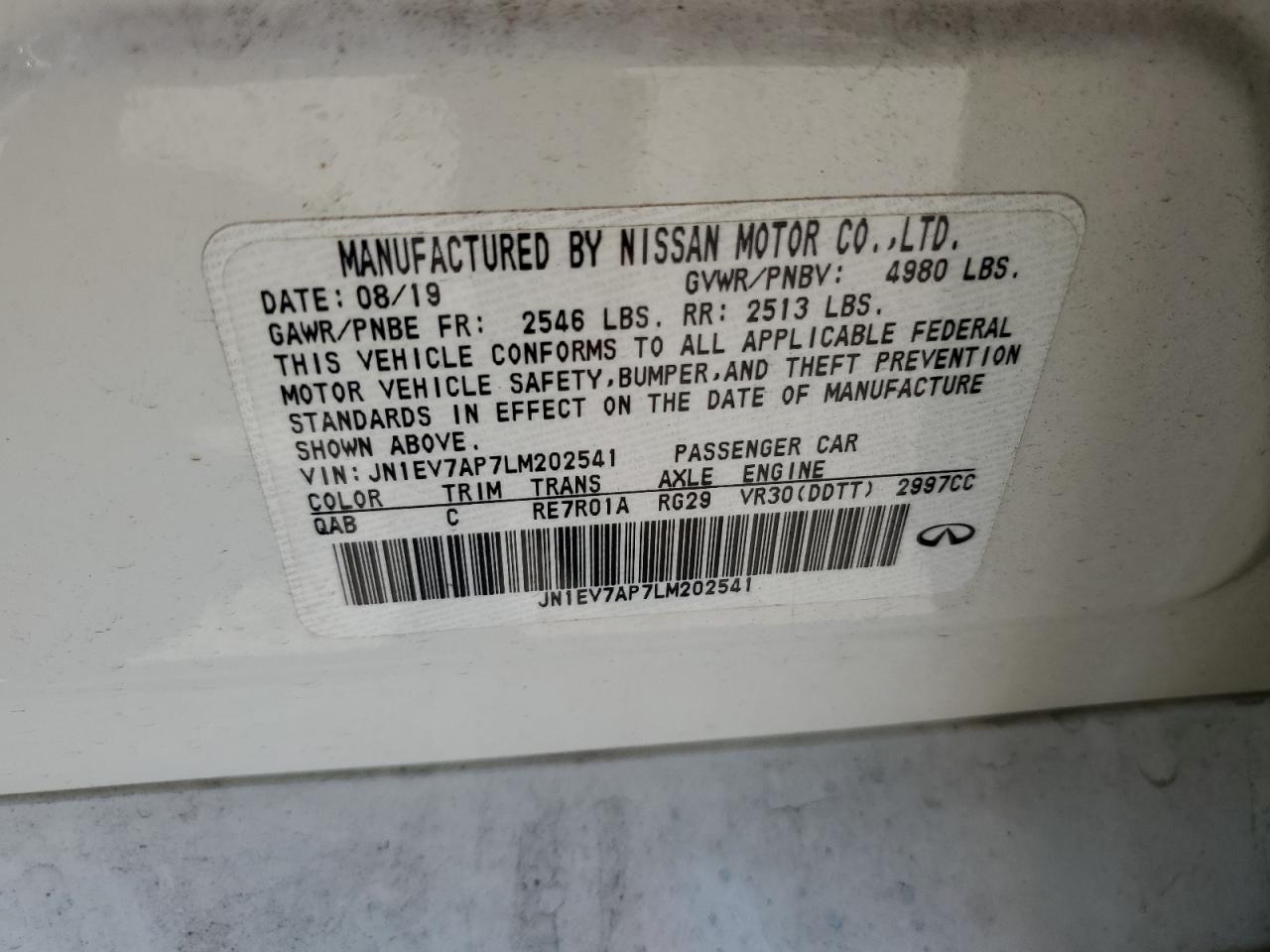 JN1EV7AP7LM202541 2020 Infiniti Q50 Pure