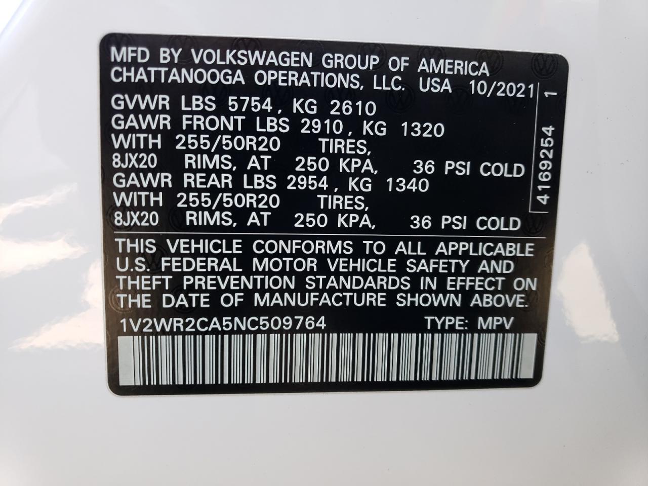 1V2WR2CA5NC509764 2022 Volkswagen Atlas Se