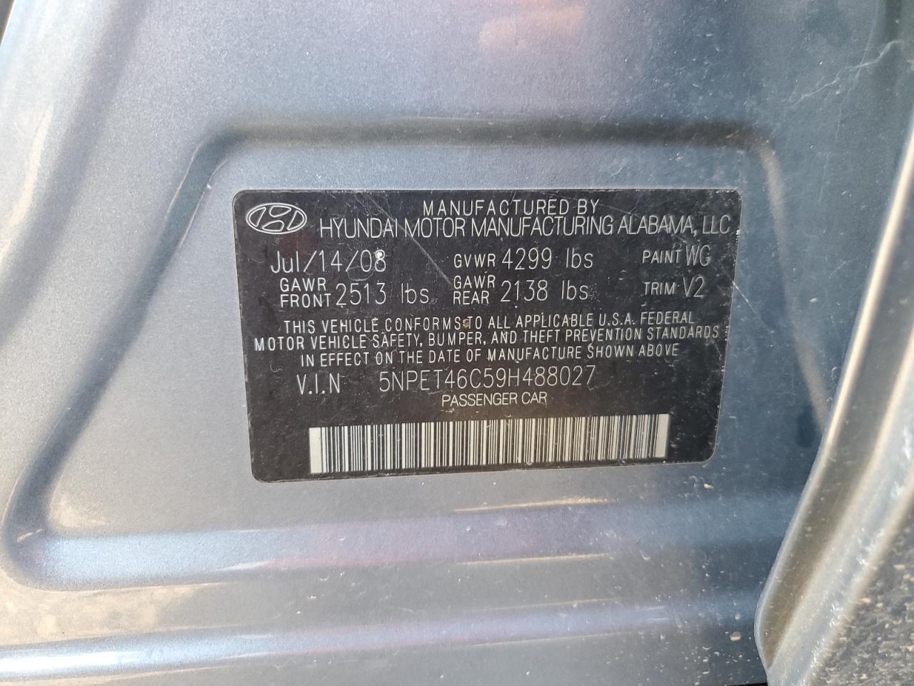 5NPET46C59H488027 2009 Hyundai Sonata Gls