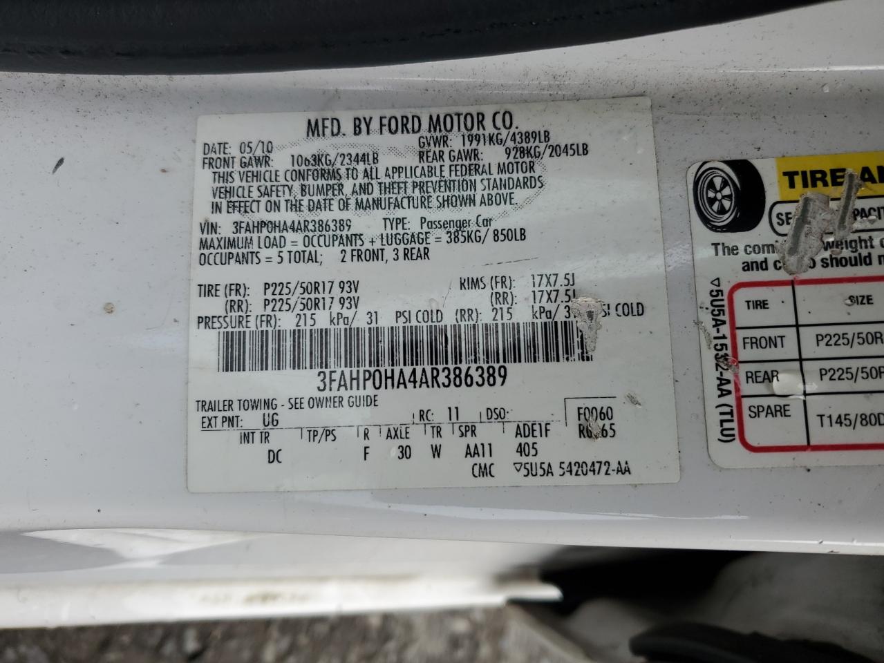 3FAHP0HA4AR386389 2010 Ford Fusion Se