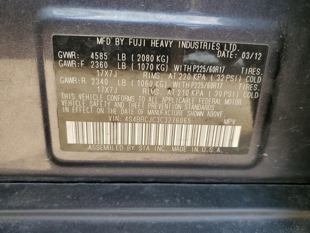 4S4BRCJC3C3276065 2012 Subaru Outback 2.5I Limited