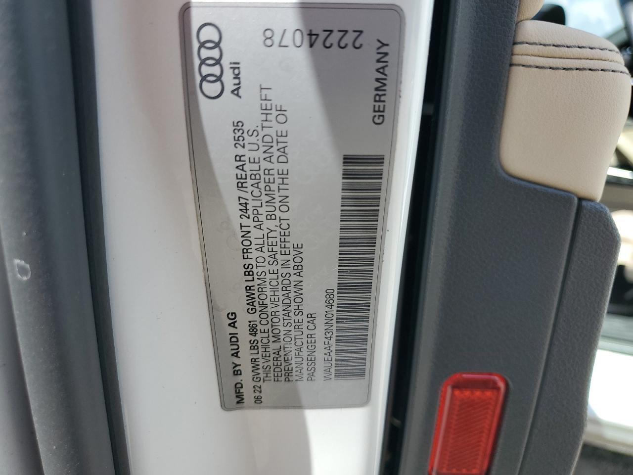 WAUEAAF43NN014680 2022 Audi A4 Premium Plus 45