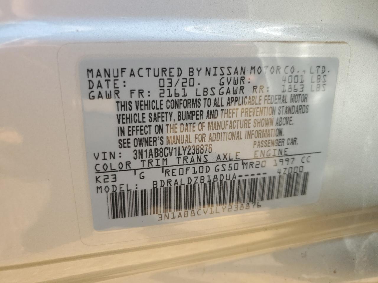 3N1AB8CV1LY238876 2020 Nissan Sentra Sv