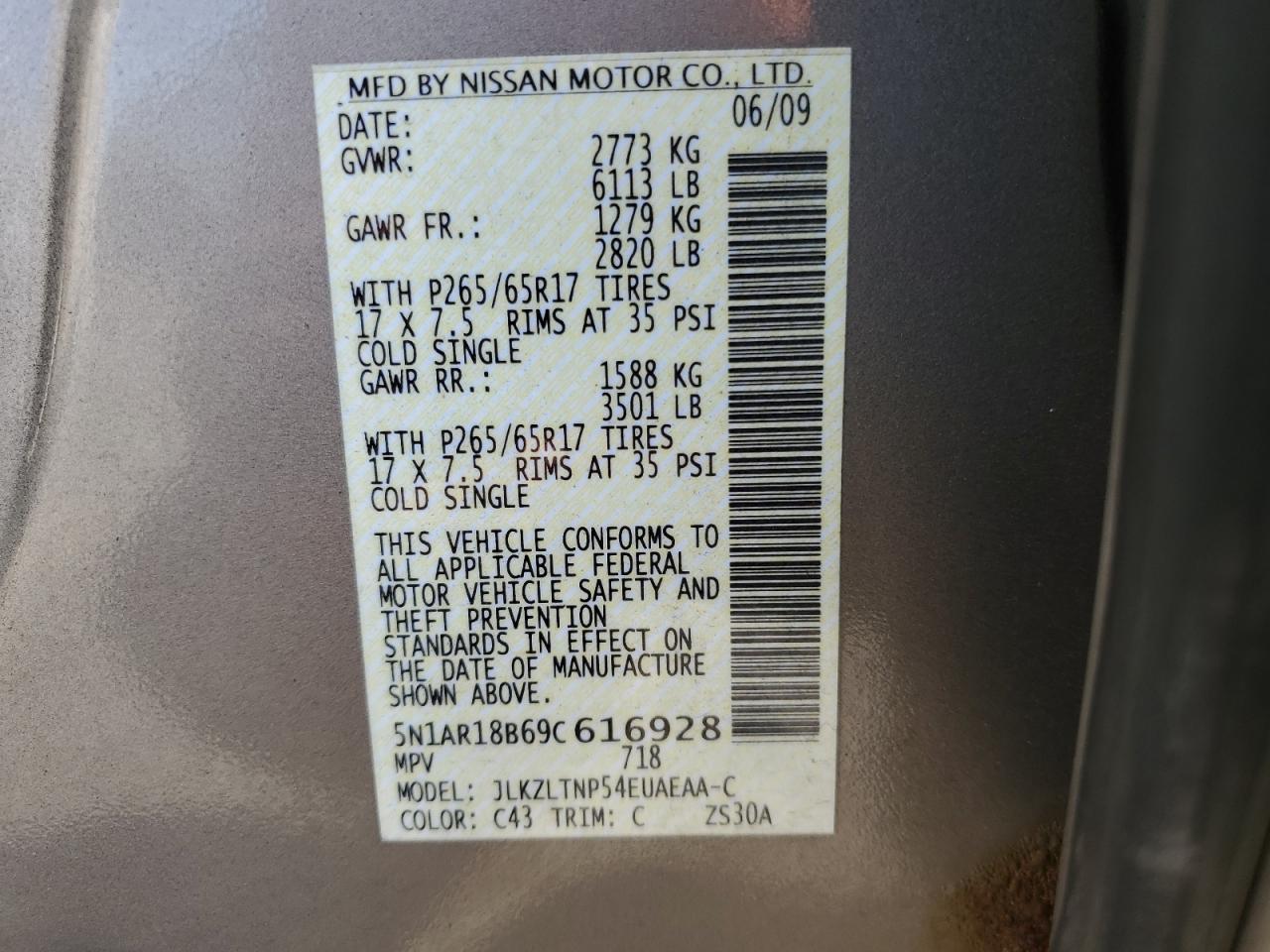 5N1AR18B69C616928 2009 Nissan Pathfinder S