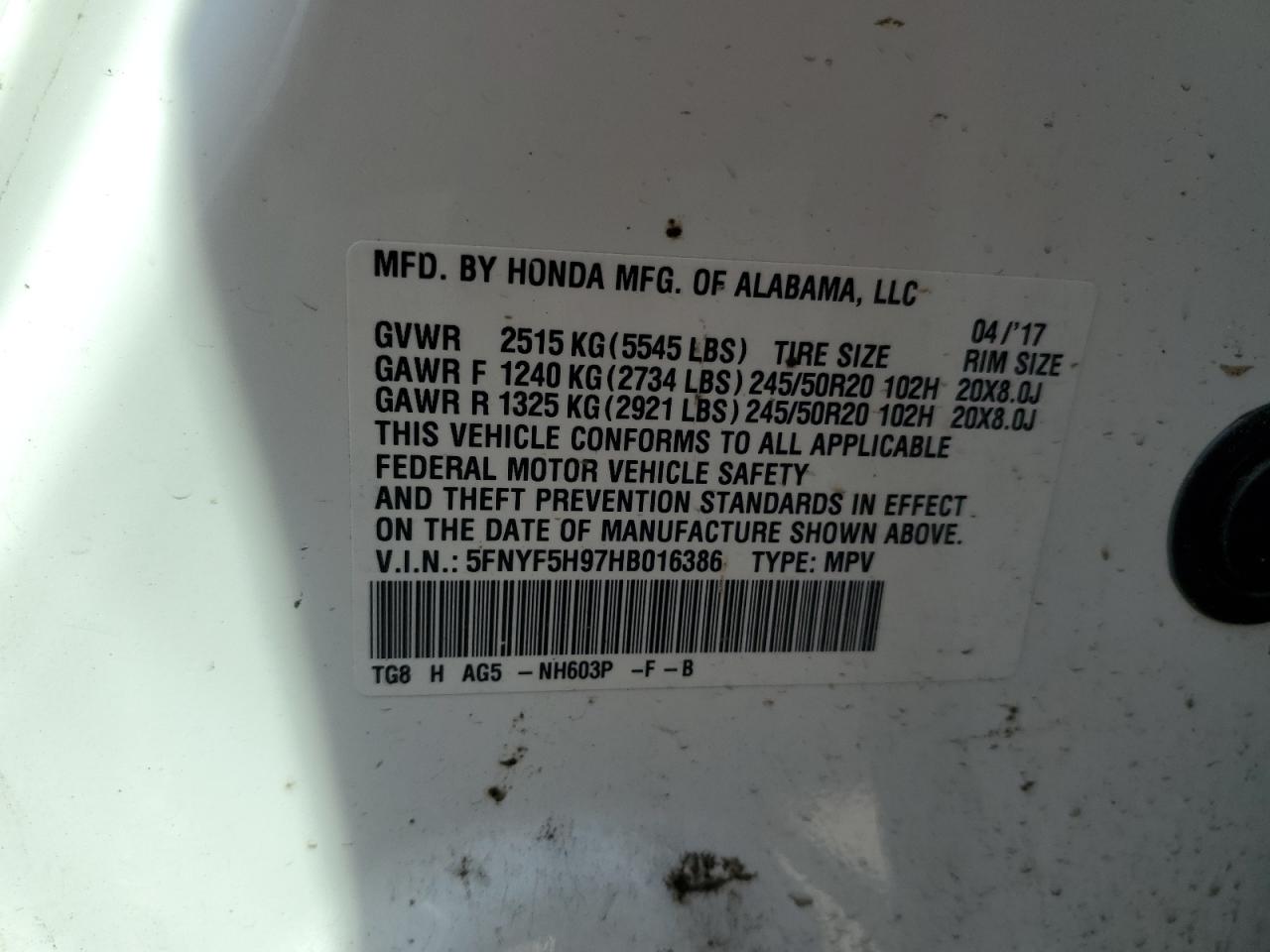 5FNYF5H97HB016386 2017 Honda Pilot Touring