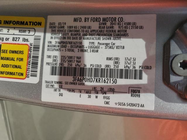 2019 Ford Fusion Se VIN: 3FA6P0HD7KR162150 Lot: 56992894