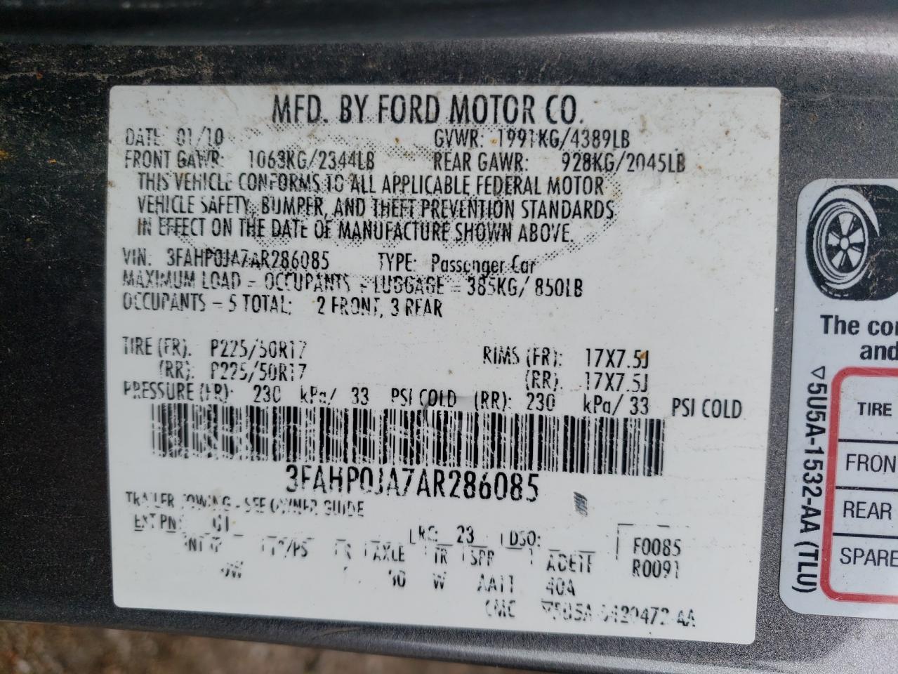 3FAHP0JA7AR286085 2010 Ford Fusion Sel