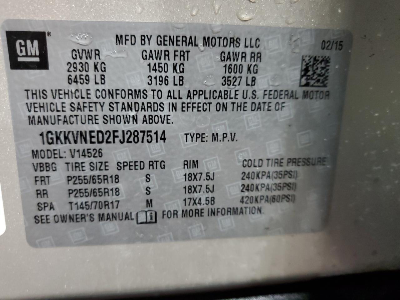 1GKKVNED2FJ287514 2015 GMC Acadia Sle