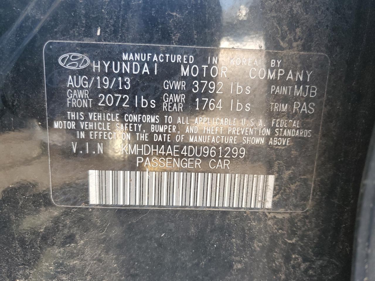 KMHDH4AE4DU961299 2013 Hyundai Elantra Gls