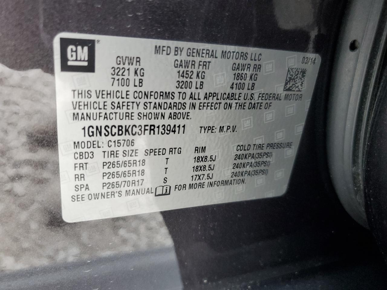 1GNSCBKC3FR139411 2015 Chevrolet Tahoe C1500 Lt