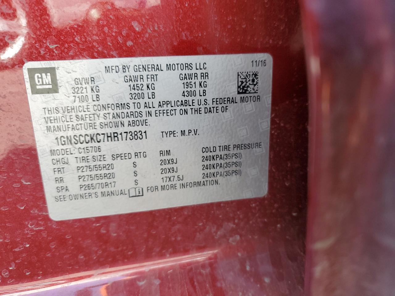 1GNSCCKC7HR173831 2017 Chevrolet Tahoe C1500 Premier