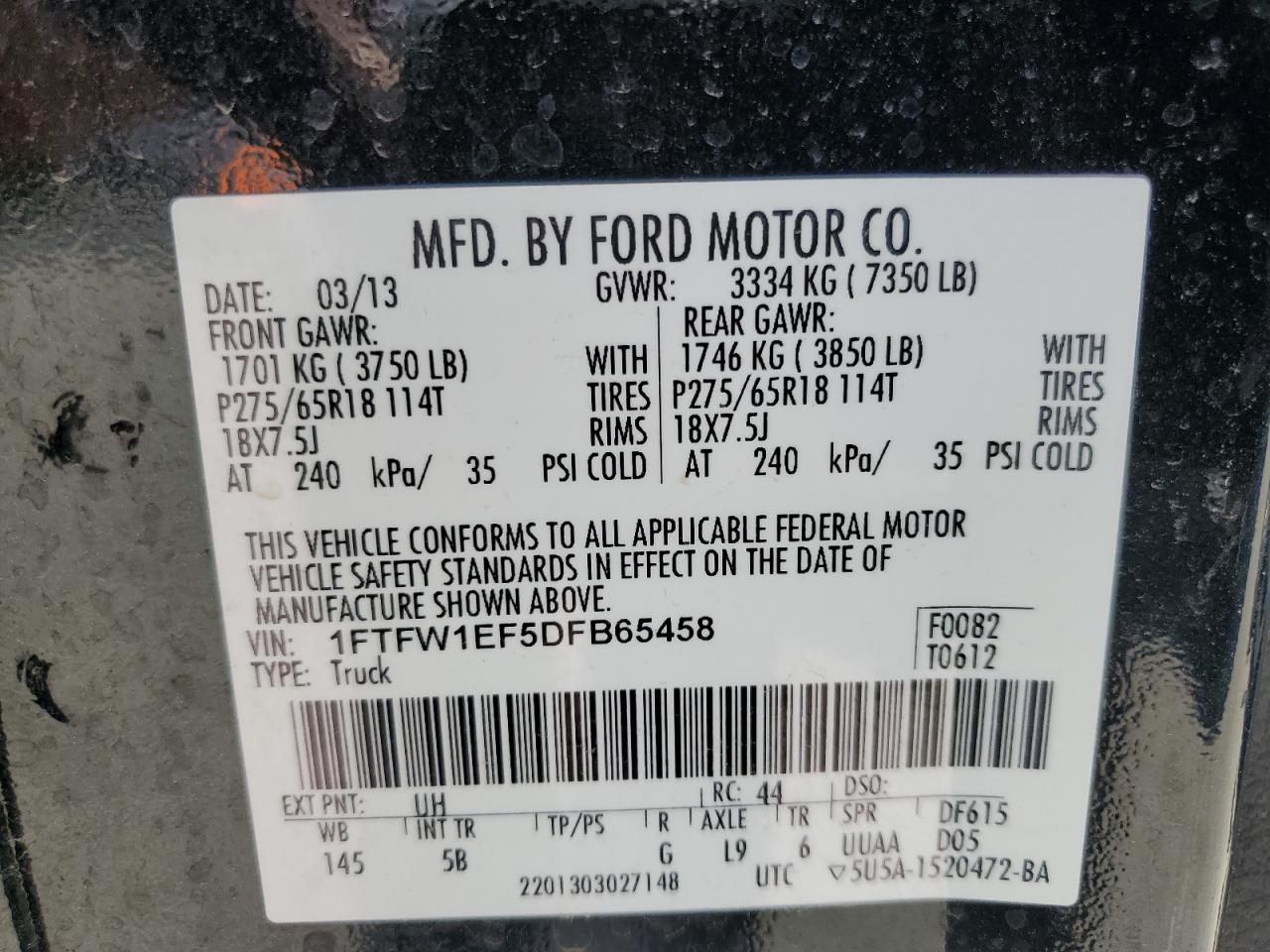 1FTFW1EF5DFB65458 2013 Ford F150 Supercrew