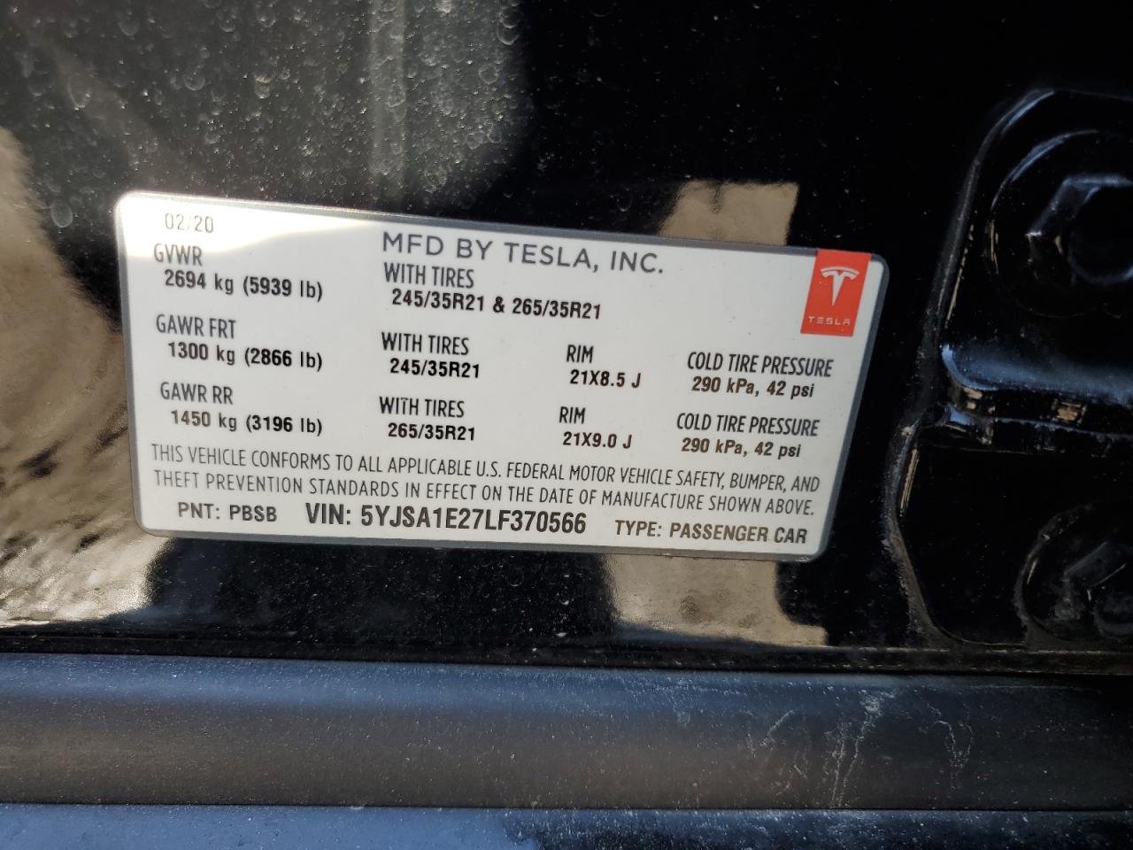 5YJSA1E27LF370566 2020 Tesla Model S