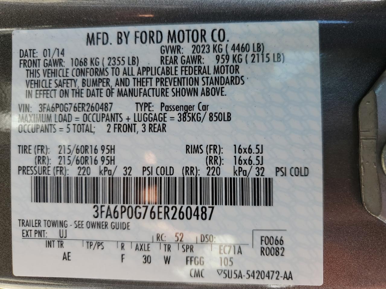 3FA6P0G76ER260487 2014 Ford Fusion S
