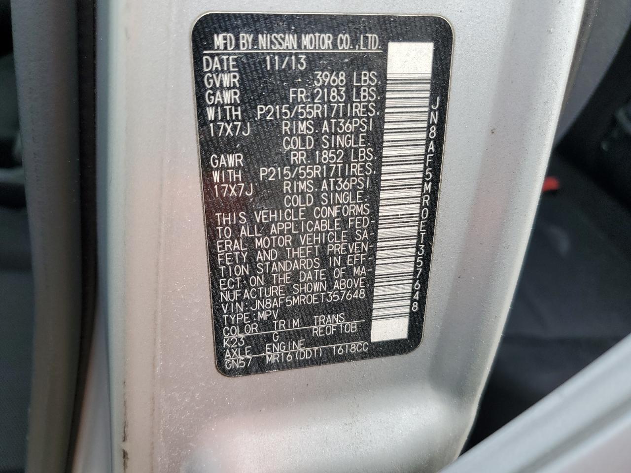 JN8AF5MR0ET357648 2014 Nissan Juke S