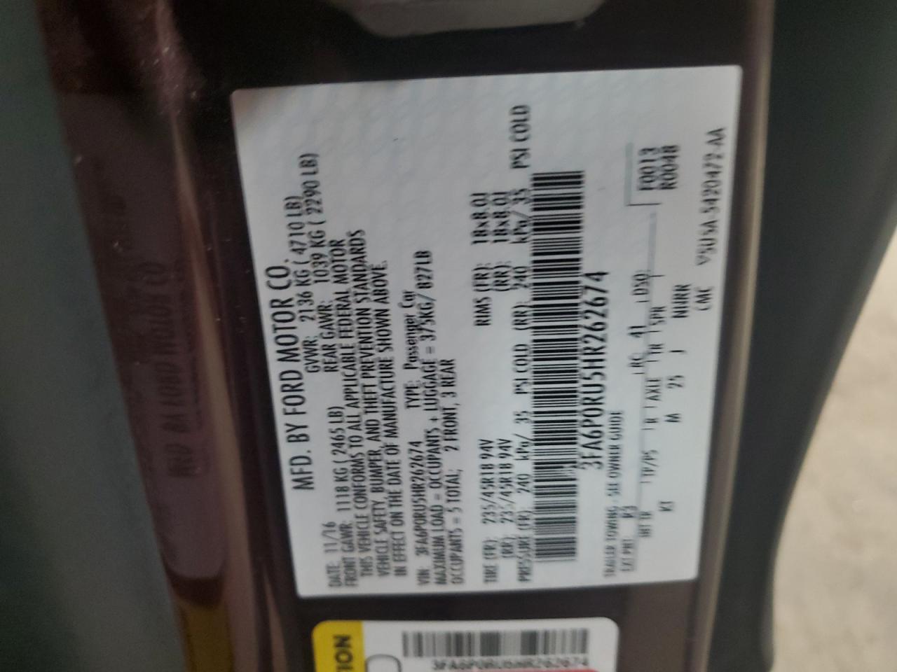 3FA6P0RU5HR262674 2017 Ford Fusion Titanium Hev