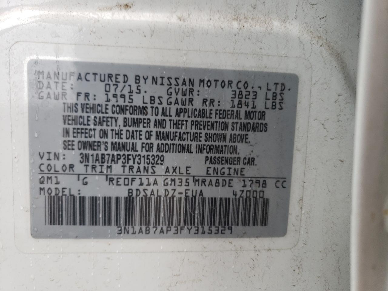 3N1AB7AP3FY315329 2015 Nissan Sentra S