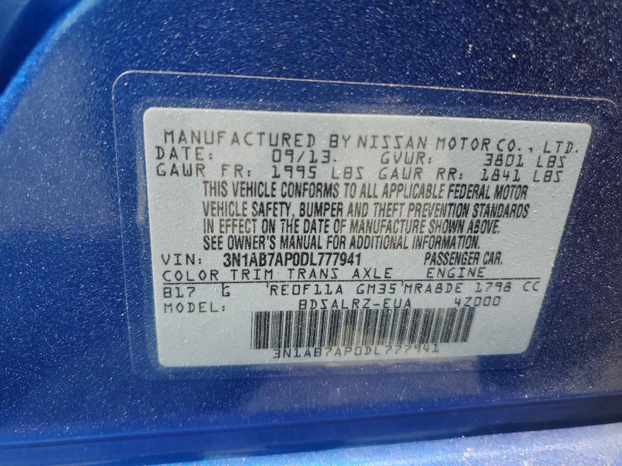 3N1AB7AP0DL777941 2013 Nissan Sentra S