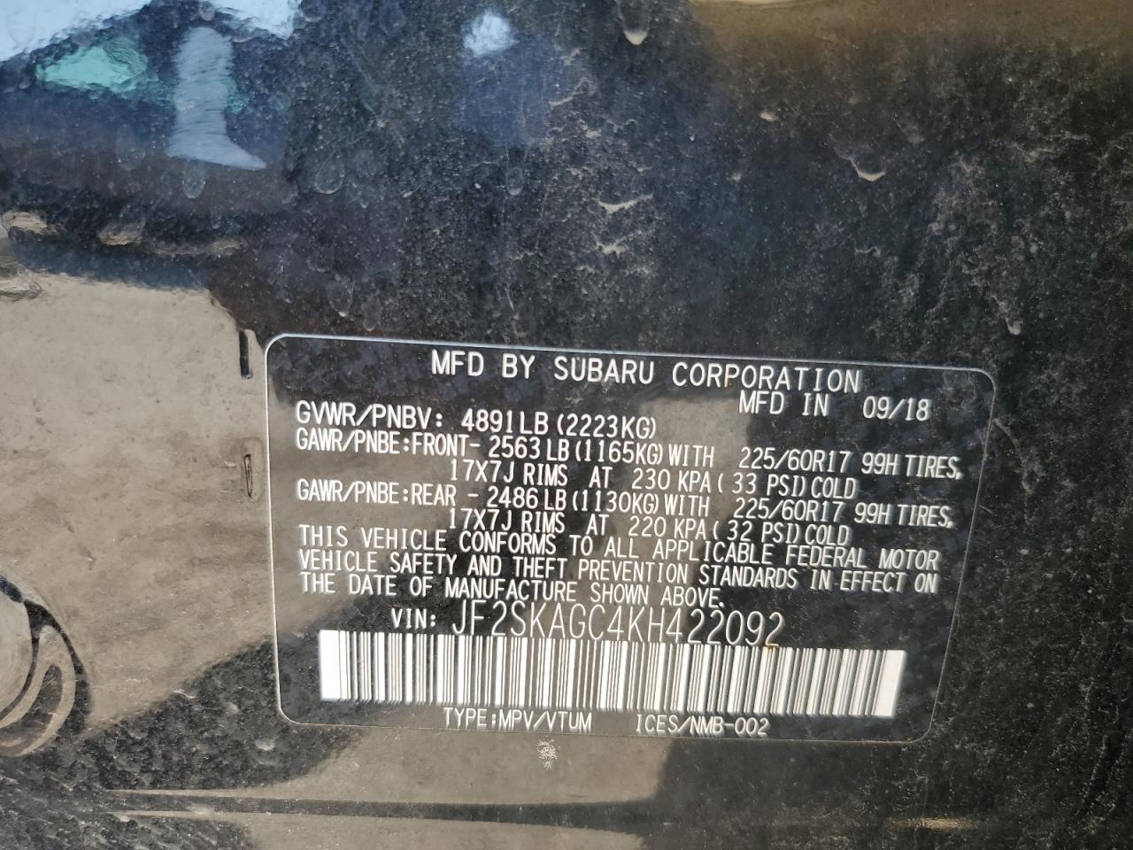 JF2SKAGC4KH422092 2019 Subaru Forester Premium