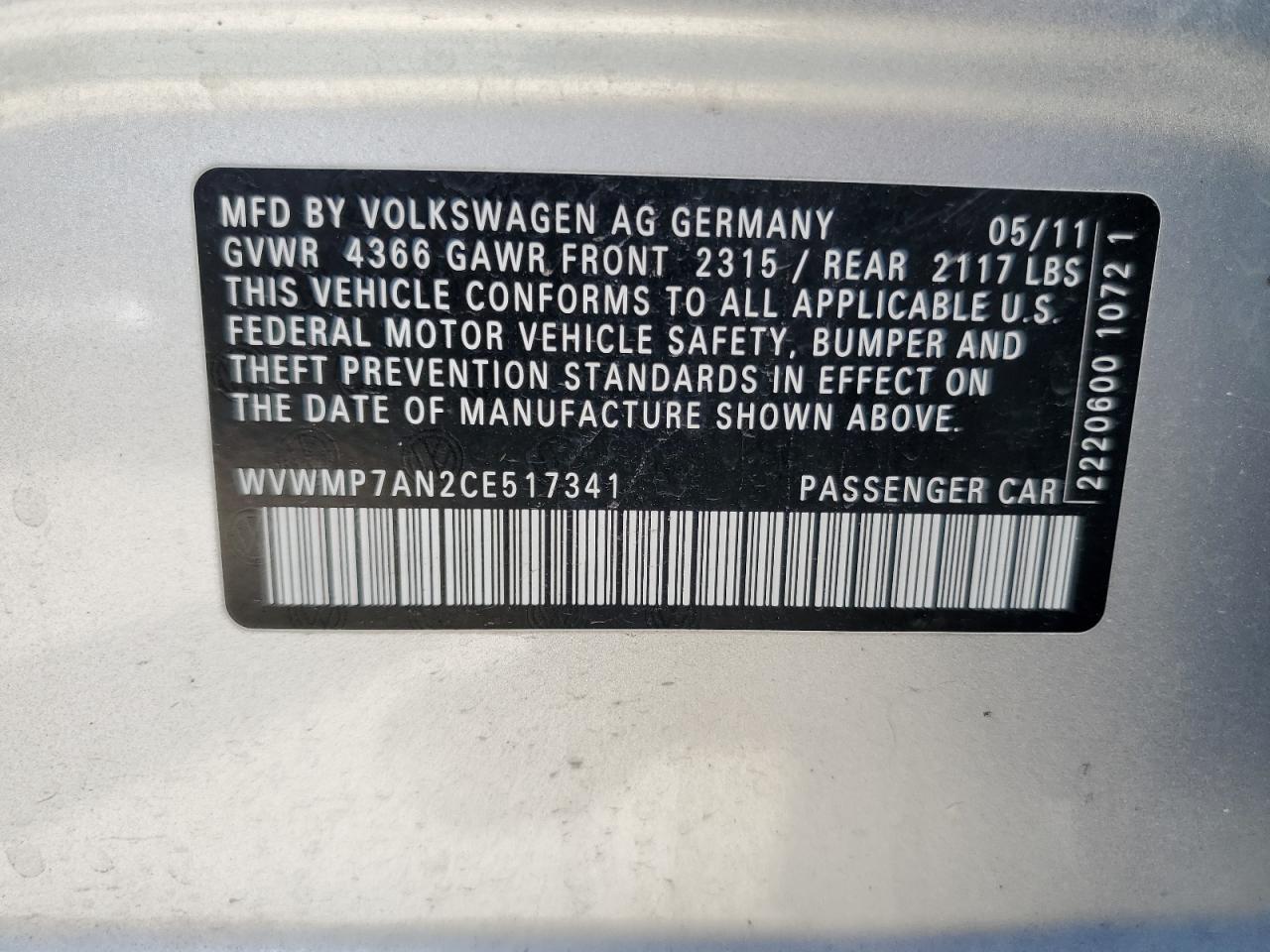 WVWMP7AN2CE517341 2012 Volkswagen Cc Sport