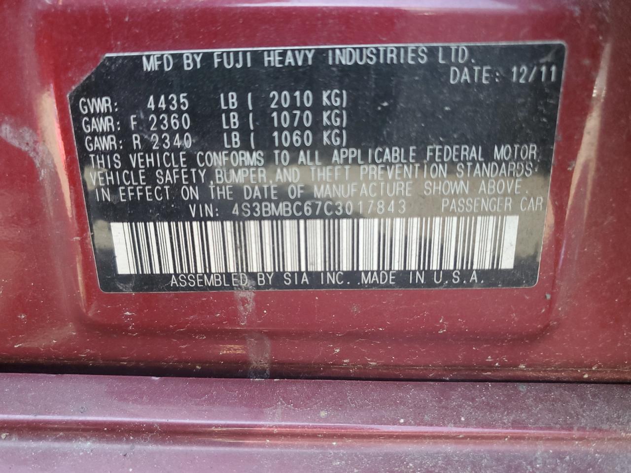 4S3BMBC67C3017843 2012 Subaru Legacy 2.5I Premium