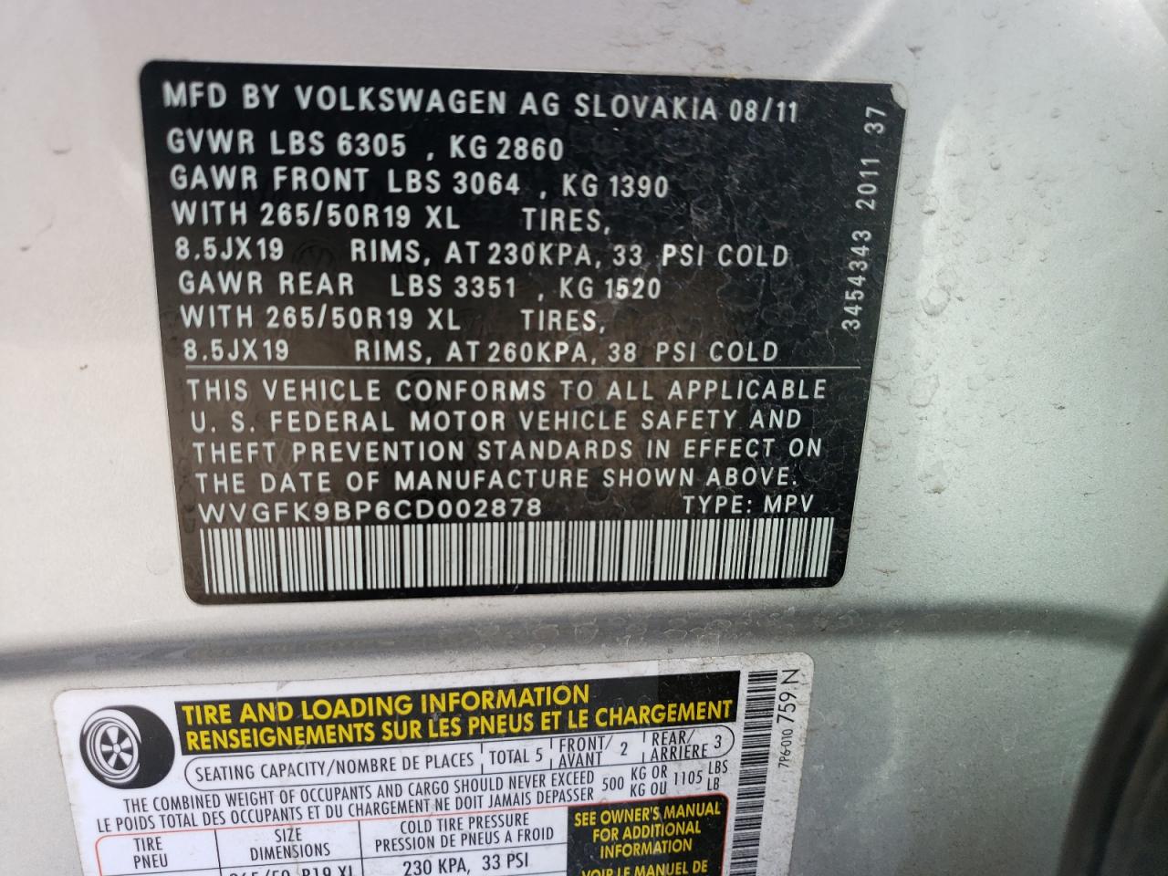 WVGFK9BP6CD002878 2012 Volkswagen Touareg V6 Tdi