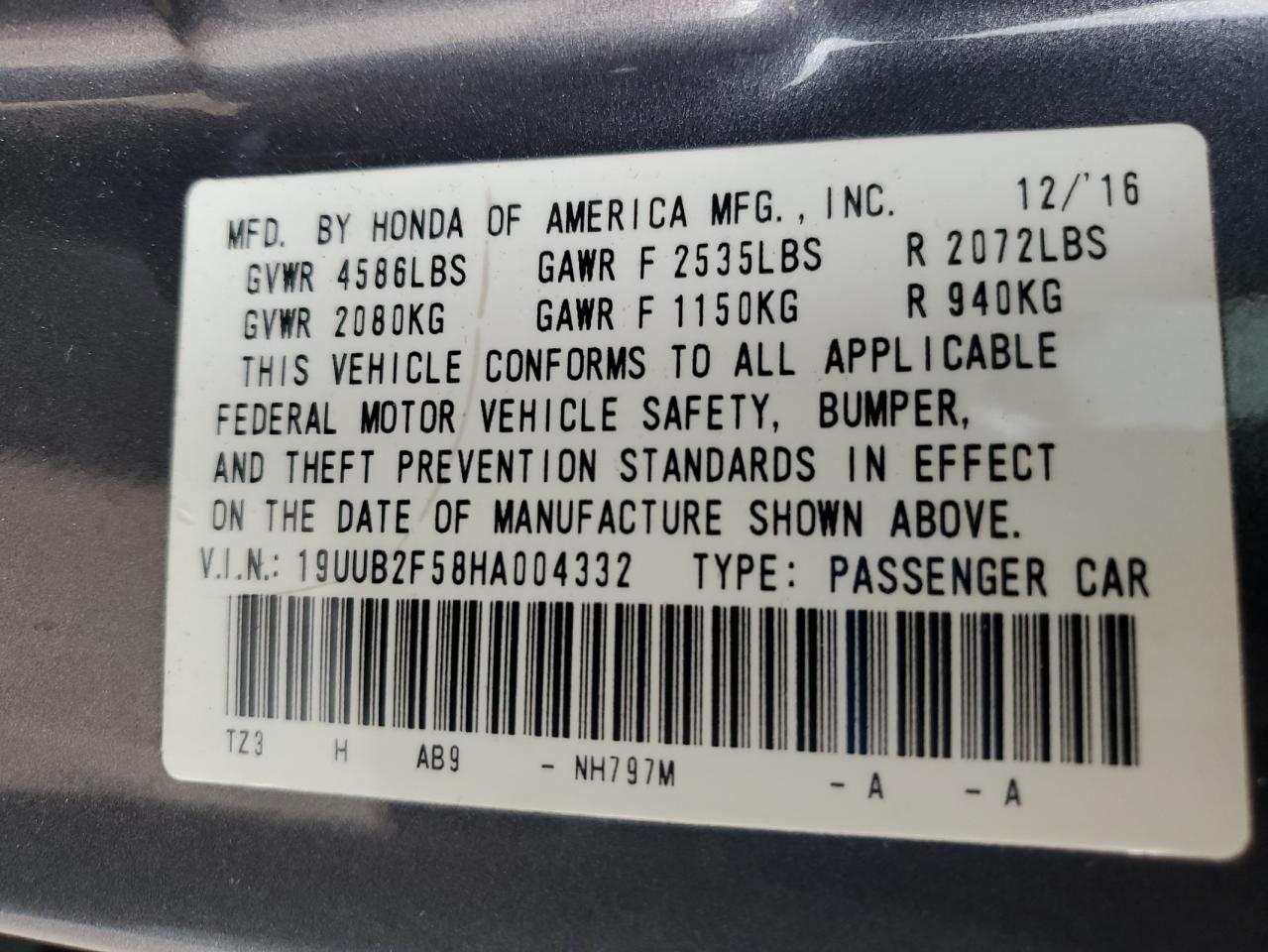 19UUB2F58HA004332 2017 Acura Tlx Tech