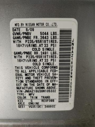 2009 Nissan Murano S VIN: JN8AZ18U39W105332 Lot: 61400304