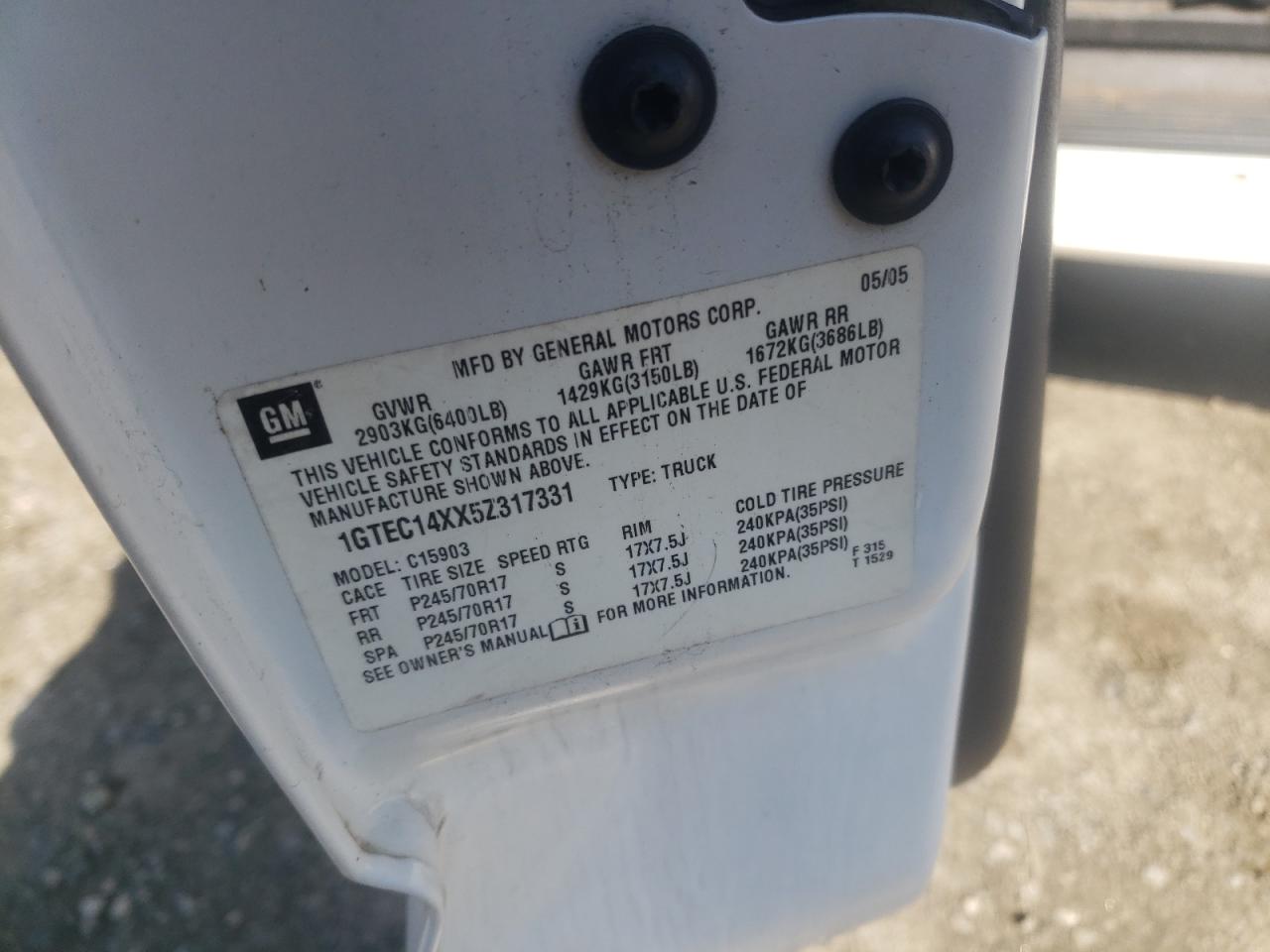 1GTEC14XX5Z317331 2005 GMC New Sierra C1500