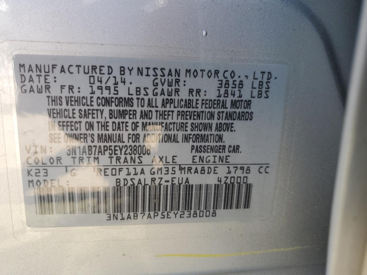 3N1AB7AP5EY238008 2014 Nissan Sentra S