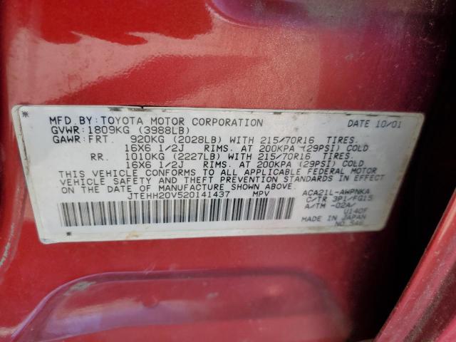 2002 Toyota Rav4 VIN: JTEHH20V520141437 Lot: 63334424