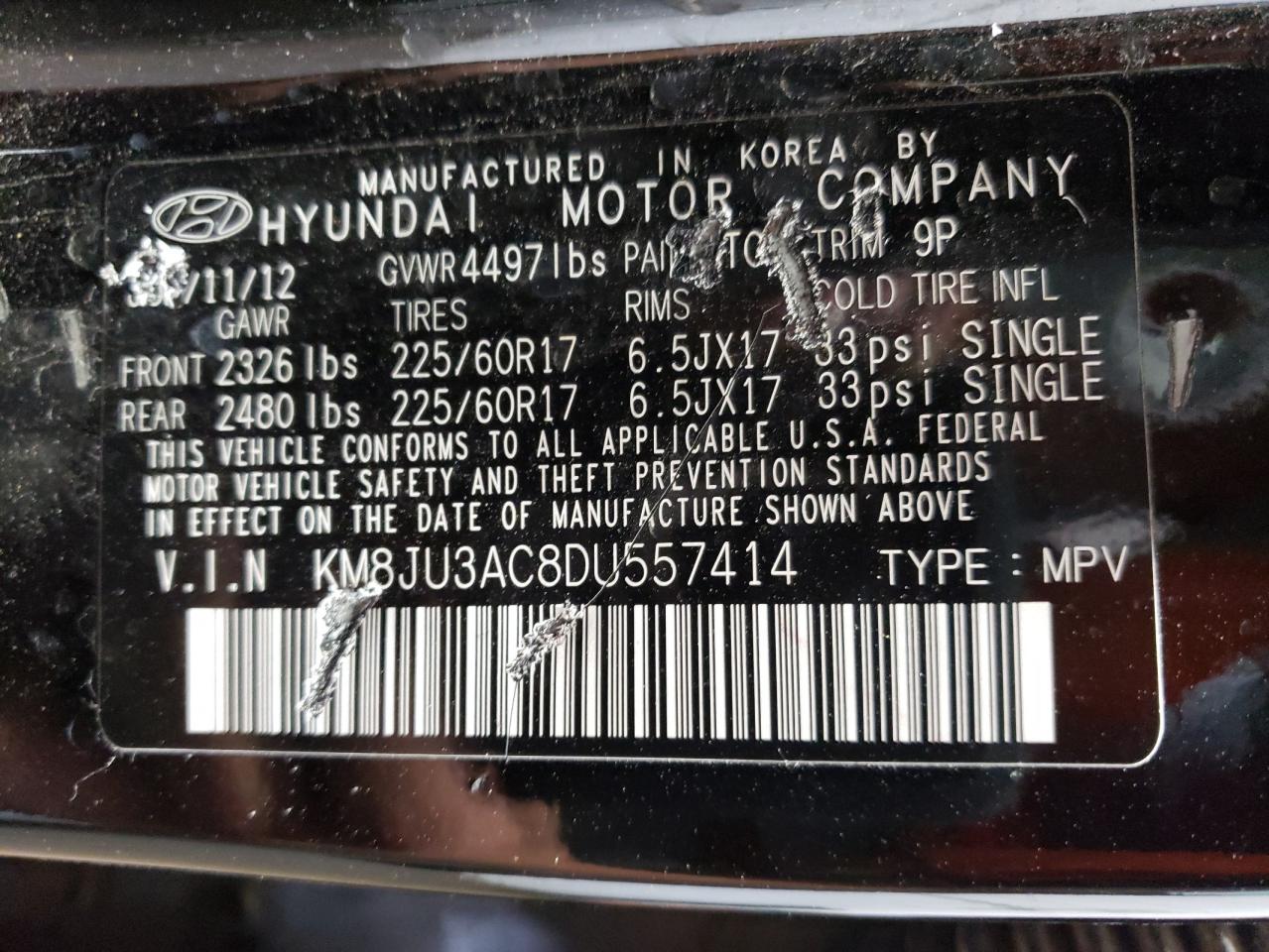 KM8JU3AC8DU557414 2013 Hyundai Tucson Gls