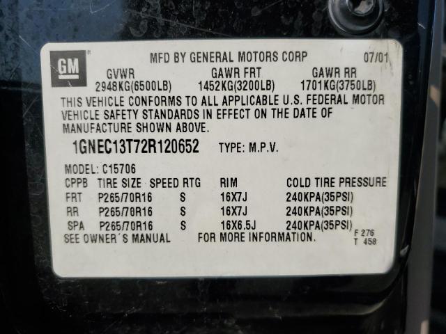 2002 Chevrolet Tahoe C1500 VIN: 1GNEC13T72R120652 Lot: 61770724