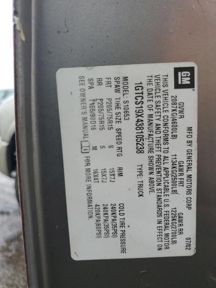 1GTCS19X438105238 2003 GMC Sonoma