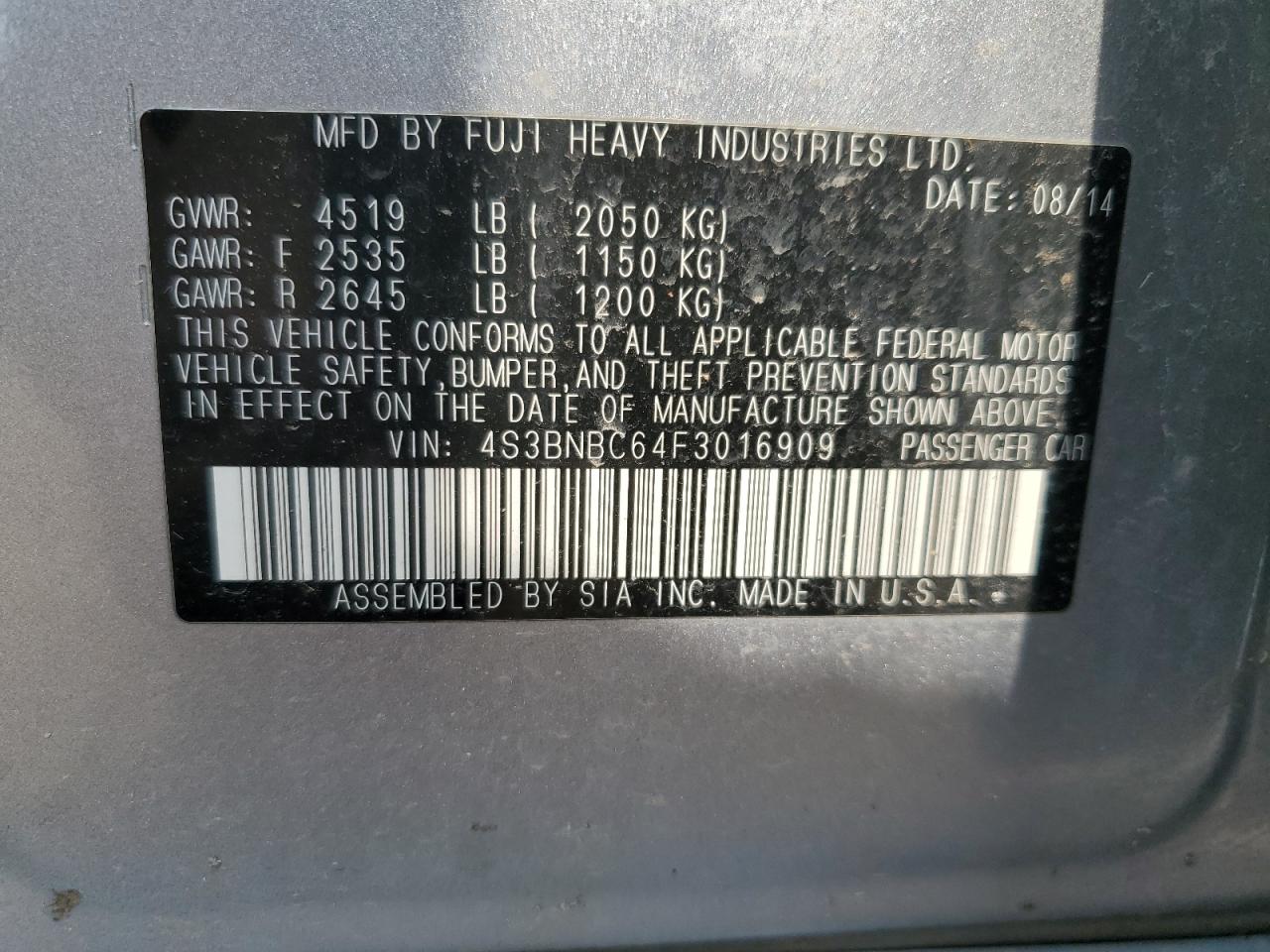 4S3BNBC64F3016909 2015 Subaru Legacy 2.5I Premium