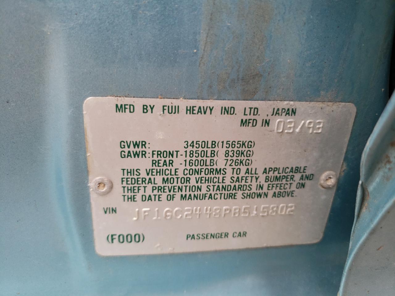 JF1GC2448PB515802 1993 Subaru Impreza L Plus