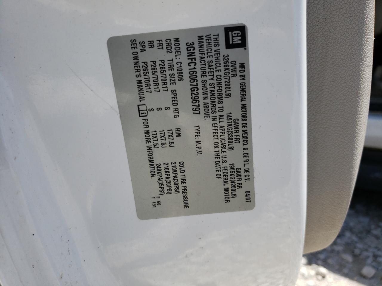 3GNFC16067G296797 2007 Chevrolet Suburban C1500