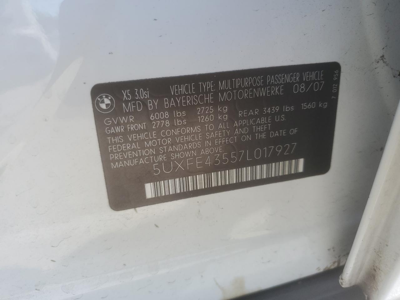 5UXFE43557L017927 2007 BMW X5 3.0I