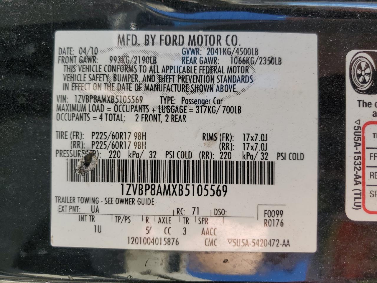 1ZVBP8AMXB5105569 2011 Ford Mustang